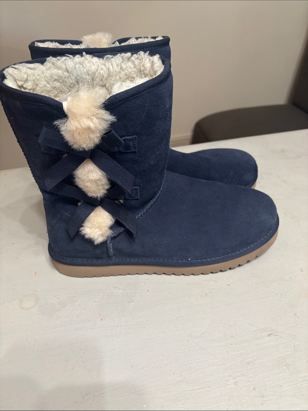 UGG Koolaburra Navy Faux Suede Boots with Cream Pom Accents 12